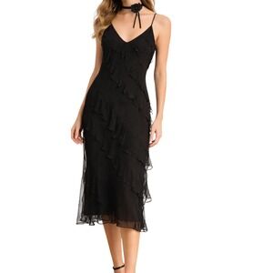 Azazie Atelier Ynez Black Ruffle Pleated Chiffon Midi Dress Choker/Rosette NEW 4